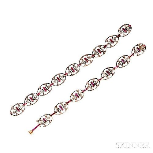 Two Platinum-topped Ruby and Diamond Bracelets