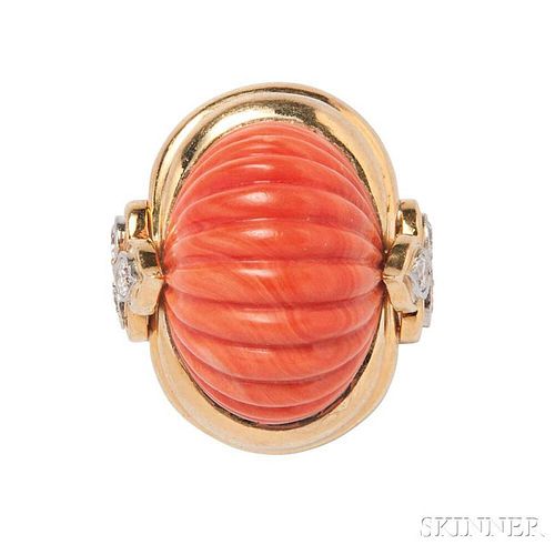 18kt Gold, Coral, and Diamond Ring, Erwin Pearl