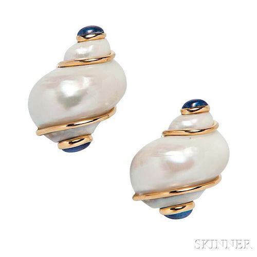 18kt Gold, Turbo Shell, and Sapphire Earrings, Seaman Schepps