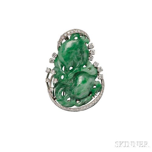 14kt White Gold, Jade, and Diamond Brooch
