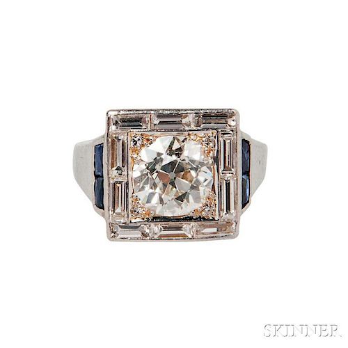 Art Deco Platinum, Gold, Diamond, and Sapphire Ring
