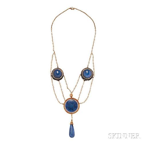 Gold, Lapis, and Seed Pearl Necklace and Earclips