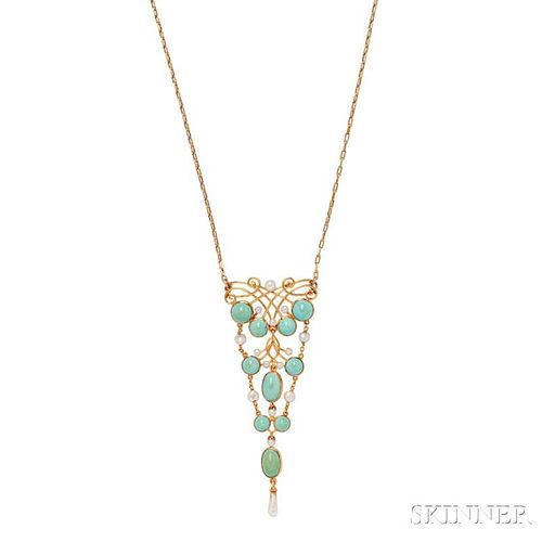 Art Nouveau 14kt Gold, Turquoise, and Pearl Pendant