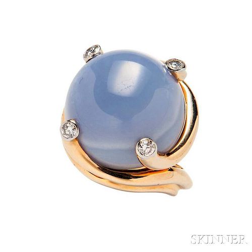 18kt Gold, Blue Chalcedony, and Diamond Ring, Carvin French