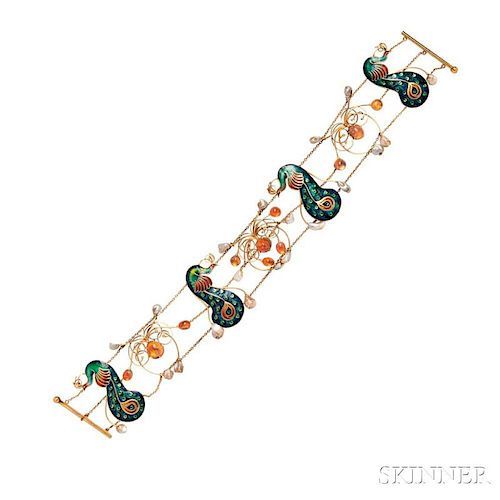 Arts and Crafts Enamel, Fire Opal, and Freshwater Pearl Dog Collar,