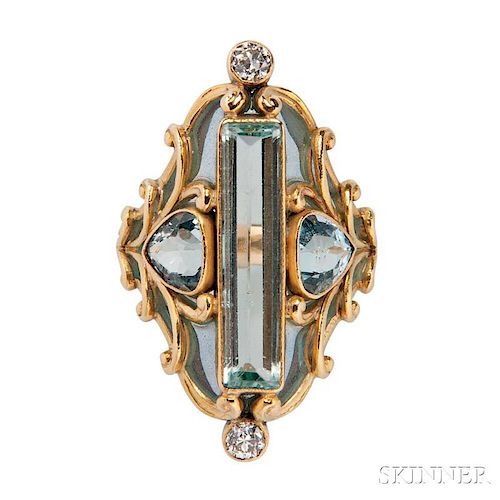 Art Nouveau 18kt Gold, Aquamarine, and Plique-a-Jour Enamel Ring, Marcus & Co.