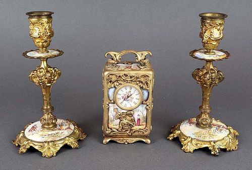 Viennese Enamel & Bronze Clockset