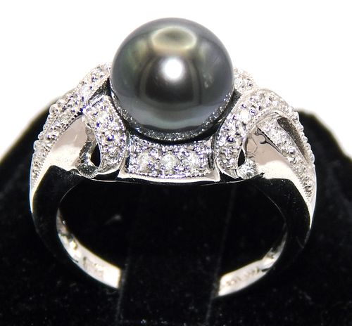14k White Gold, Diamond & Tahitian Pearl Ring