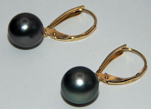 14k Gold & Tahitian Black Pearl Earrings 