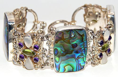 Stunning! Heavy .925 Sterling Silver Abalone and Jeweled Panel-link Bracelet & Earring Set 