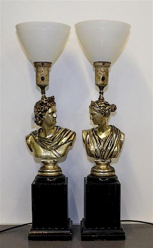 Two Silvered Metal Lamps Height 24 1/2 inches.