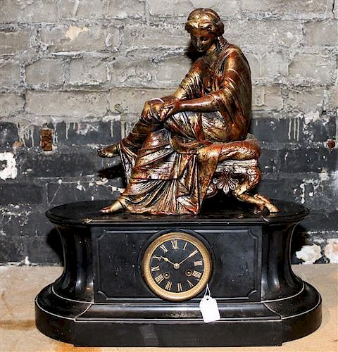 * A Continental Cast Metal and Marble Figural Mantel Clock Height 22 1/2 inches.