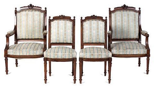 * A Louis XVI Style Walnut Parlor Suite Height of canapé 43 x width 61 1/2 x depth 29 inches.