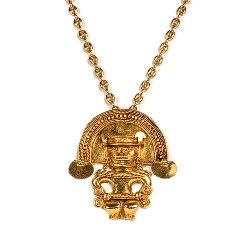 Gold Aztec Deity Pendant and Necklace