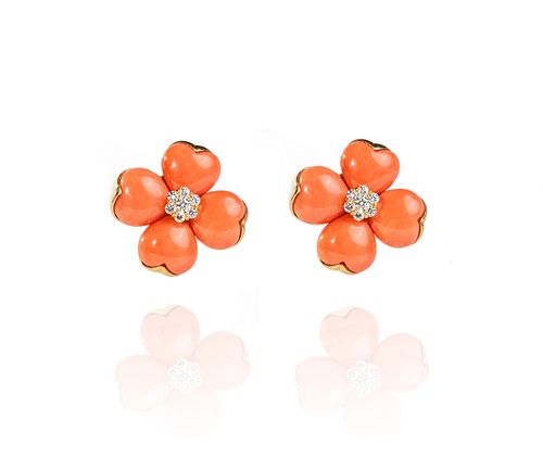 Coral and Diamond Floral Gold Earrings 