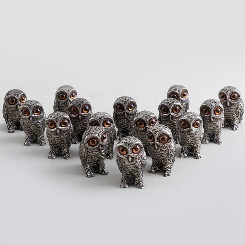 Set of Sixteen Silver Plate Owl Form Placecard Holders