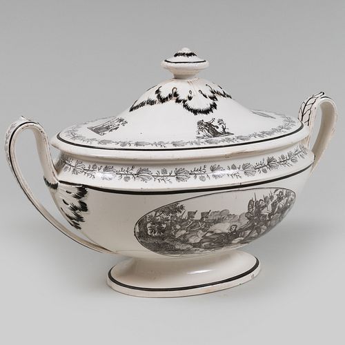 French Creamware Tureen and Cover Decorated En Grisaille with Battle Scenes