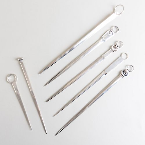 Group of Five English Silver Meat Skewers and Two Silver Plated Skewers