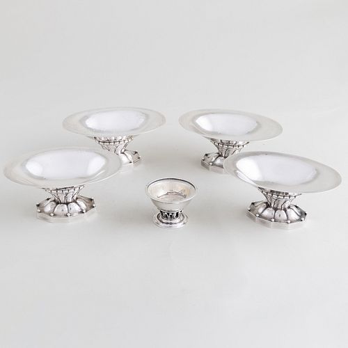 Set of Four Georg Jensen Silver Nut Dishes and a Small Danish Silver Salt Cellar