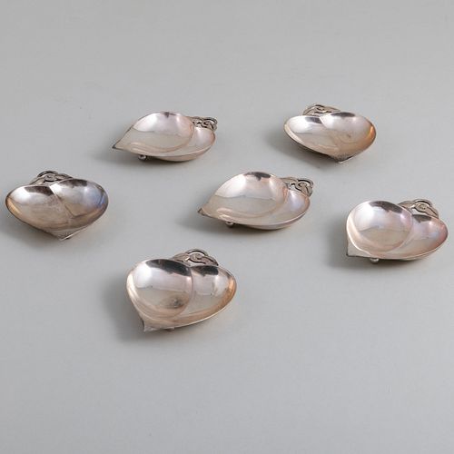 Set of Six Tiffany & Co. Silver Heart Shaped Nut Dishes