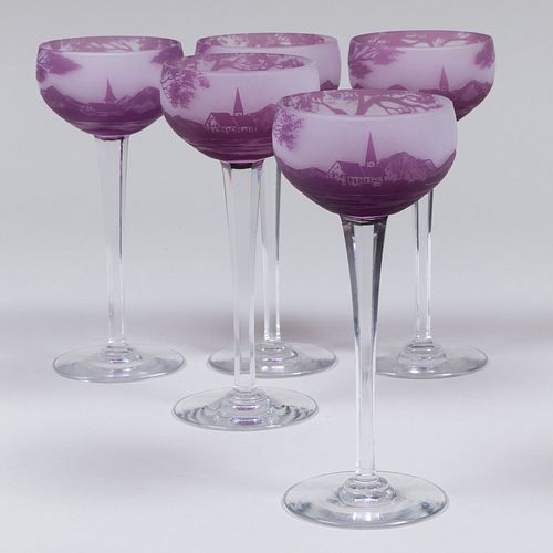 Set of Five Daum Cameo Wine Glasses