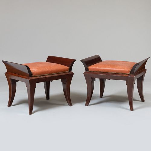 Pair of Modern Walnut and Leather Stools