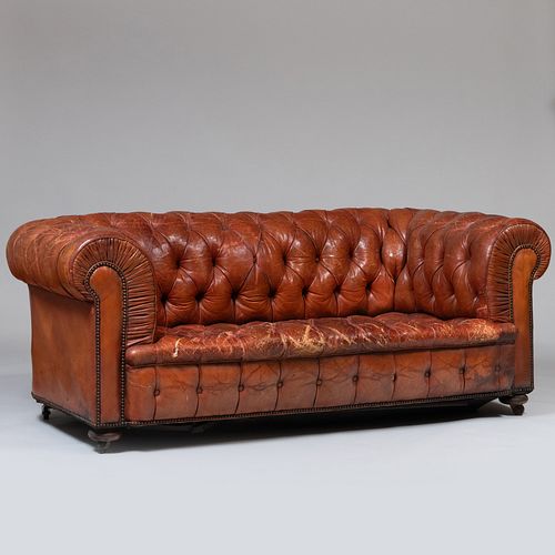 Edwardian Brown Leather Tufted Upholstered Chesterfield Sofa