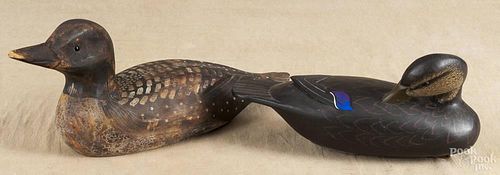 Contemporary carved and painted preening duck decoy, attributed to John Halloway, 13 1/4'' l.