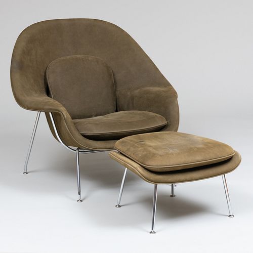 Eero Saarinen for Knoll Chrome Suede Upholstered 'Womb' Chair and Ottoman