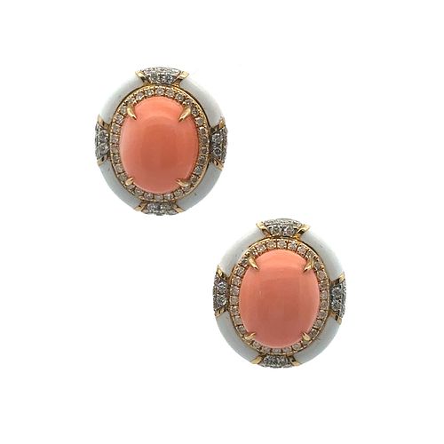 Mid century 18k gold Earrings with Coral & Diamonds