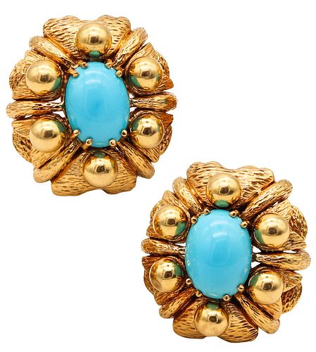 Mid Century 1960 Earrings In 18Kt Gold WithTurquoises