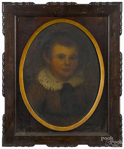 Oil on canvas portrait of a young boy, 19th c., 19'' x 14''.