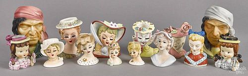 Twelve porcelain lady head planters, mid 20th c., tallest - 6 1/4''