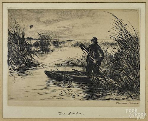 Roland Clark, etching of a duck hunter, 20th c., titled The Ducker, signed lower right