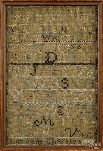 Needlework sampler, wrought by Anne Jane Charnley, dated 1817, 14'' x 9''.