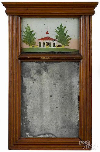 Sheraton pine looking glass, 19th c., with an eglomise panel of a church, 16 3/4'' x 9 1/4''.