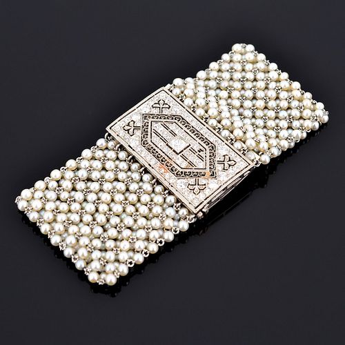 Platinum & Gold Art Deco Diamond & Pearl Estate Bracelet