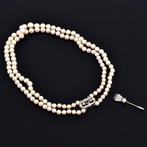 14K Gold, Pearl, Diamond & Sapphire Estate Necklace & Pin