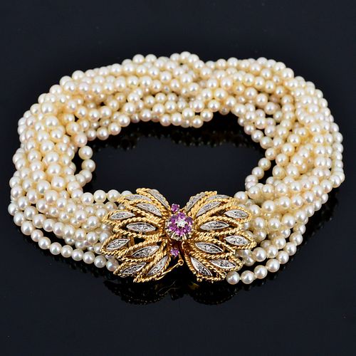 14K Gold, Diamond, Ruby & Akoya Pearl Estate Bracelet