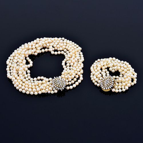 14K Gold, Diamond & Akoya Pearl Convertible Estate Necklace / Bracelet