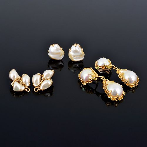 3 Pairs of 14K Gold & Pearl Estate Earrings