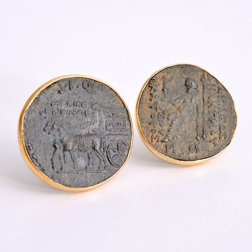 14K Gold Bezel Set Ancient Coin Estate Earrings