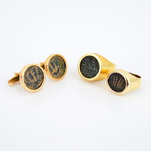 2 Gold & Ancient Coin Rings & Pair of Cufflinks