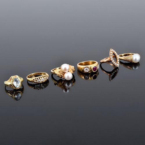 6 Estate Rings; 14K Gold, Diamond, Ruby & Pearl 