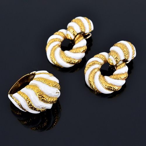 18K & 14K Gold & Enamel Estate Earrings & Ring Set