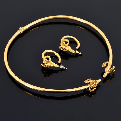 18K Gold Ram’s Head Lalaounis-Style Necklace & Gold Earrings