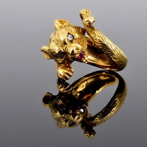 18K Gold, Diamond & Ruby Estate Ring, Big Cat Motif