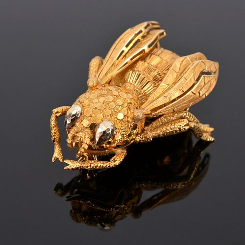 18K Gold Bee Estate Brooch with Faceted White Gold Eyes