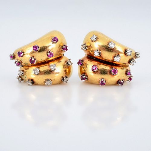 Pair of 14K Gold, Diamond & Ruby Estate Earrings