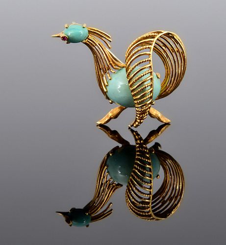 18K Gold, Turquoise & Ruby Bird Estate Brooch